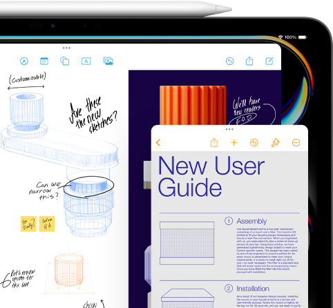 iPad Display mit Freeform Fenster, das Skizzen von mechanischen Produktteilen zeigt, während ein kleineres Notizen Fenster Anleitungen anzeigt. Ein Apple Pencil liegt oben auf dem iPad