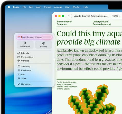 Apple Intelligence Schreibtools helfen dabei, einen Artikel über Umweltwissenschaften in Pages zu überarbeiten, mit der Option, ihn Korrektur zu lesen oder in einem anderen Tonfall umzuschreiben