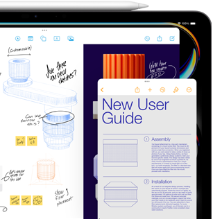 iPad Display mit Freeform Fenster, das Skizzen von mechanischen Produktteilen zeigt, während ein kleineres Notizen Fenster Anleitungen anzeigt. Ein Apple Pencil liegt oben auf dem iPad