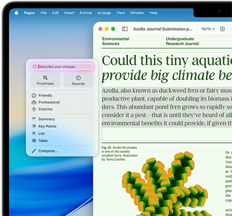 Apple Intelligence Schreibtools helfen dabei, einen Artikel über Umweltwissenschaften in Pages zu überarbeiten, mit der Option, ihn Korrektur zu lesen oder in einem anderen Tonfall umzuschreiben