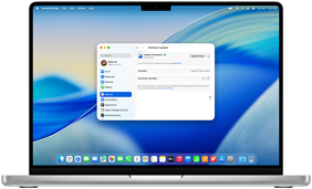 Display eines 16 Zoll MacBook Pro mit M4 zeigt ein geplantes Software-Update in den Systemeinstellungen
