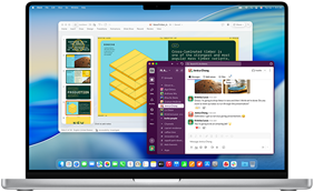 PowerPoint Präsentation in einem Fenster und Slack in einem anderen Fenster auf dem 16 Zoll MacBook Pro mit M4 Display