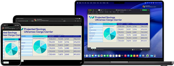 iPhone 17 Pro, 11 Zoll iPad Pro mit M4 und MacBook Pro M4 Displays zeigen die gleiche Microsoft Excel Tabelle mit Daten, die in einem Kreisdiagramm und Tabellen dargestellt sind