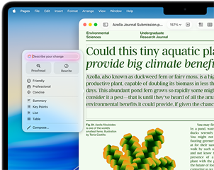 Apple Intelligence Schreibtools helfen dabei, einen Artikel über Umweltwissenschaften in Pages zu überarbeiten, mit der Option, ihn Korrektur zu lesen oder in einem anderen Ton umzuschreiben